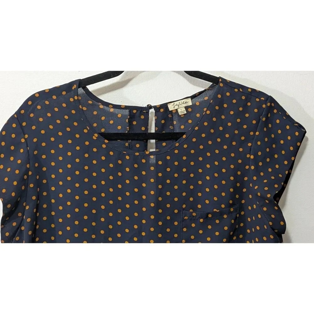 Lily White Blouse navy blue with orange polka dots L